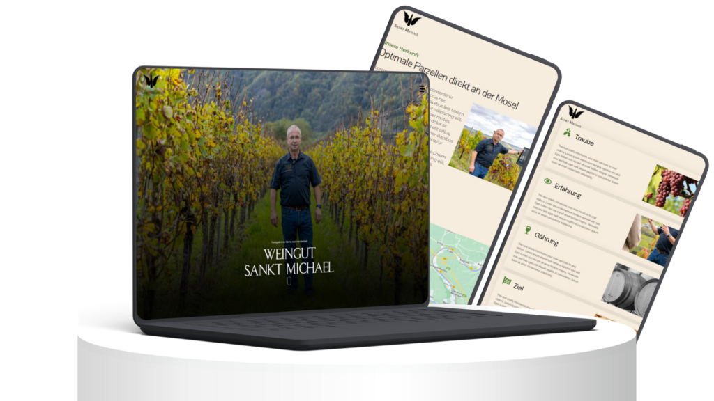 Ein Laptop und zwei Tablets zeigen die Website von einem Weingut